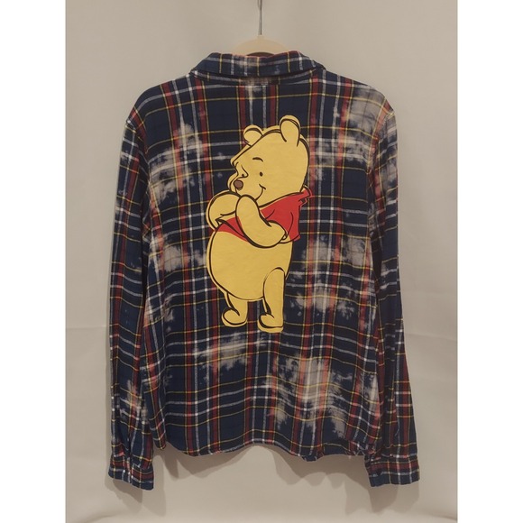 Disney Tops - Disney Womens Winnie-the-Pooh Red & Blue Custom Bleach Dyed Flannel Size XL
